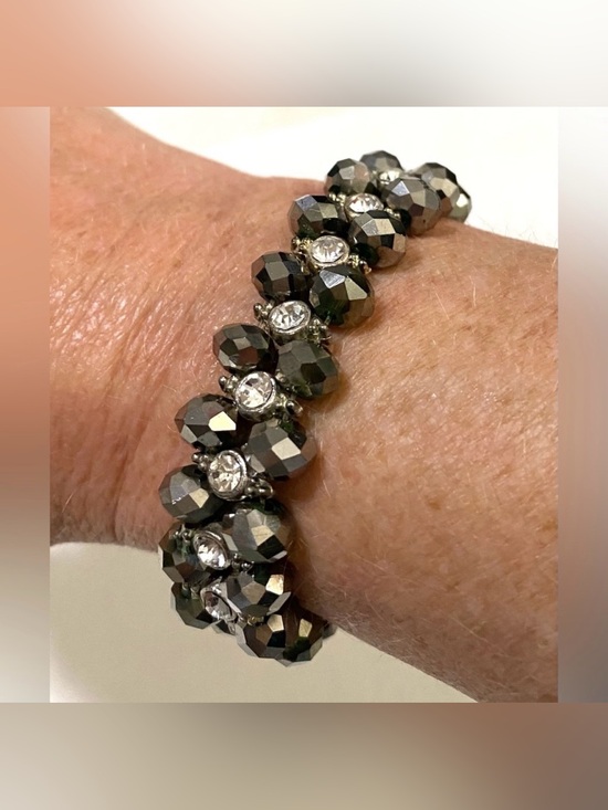 Vintage Jewelry - Gunmetal Rhinestone Beaded Bling Bracelet Vintage Retro Party Whimsigoth Fairy